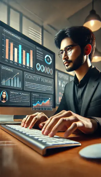 2. Layar komputer yang menunjukkan grafik pertumbuhan dan pengukuran kinerja konten
