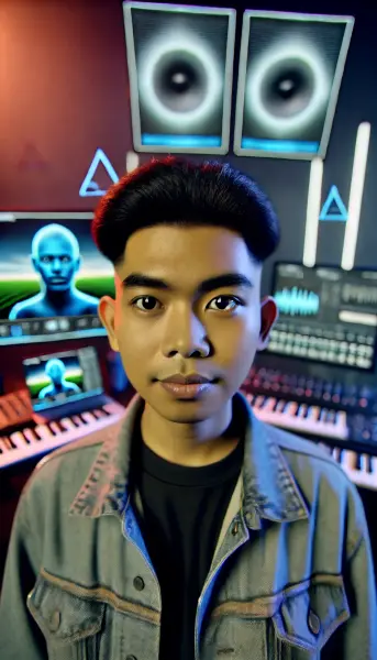 4. Ruang studio musik futuristik dengan berbagai instrumen dan layar AI