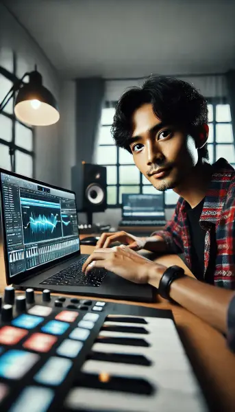 6. Sedang memulai perjalanan musik menggunakan aplikasi AI di laptop di ruang kerja