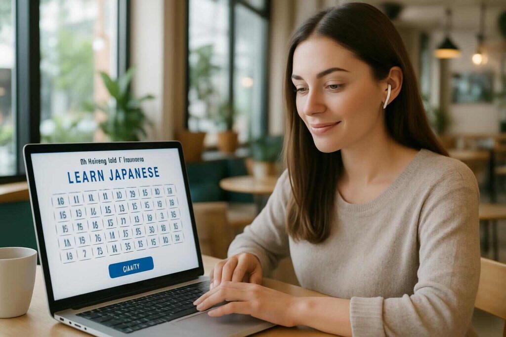 Wanita belajar Bahasa Jepang dengan AI di kafe