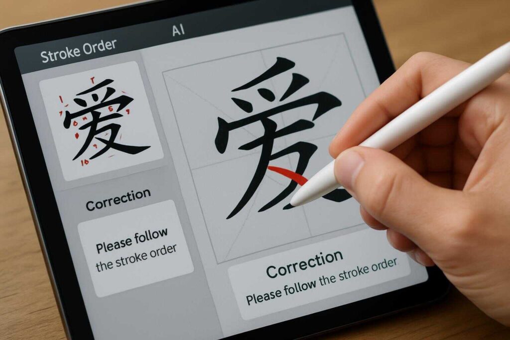 Latihan menulis karakter Mandarin dengan AI di tablet