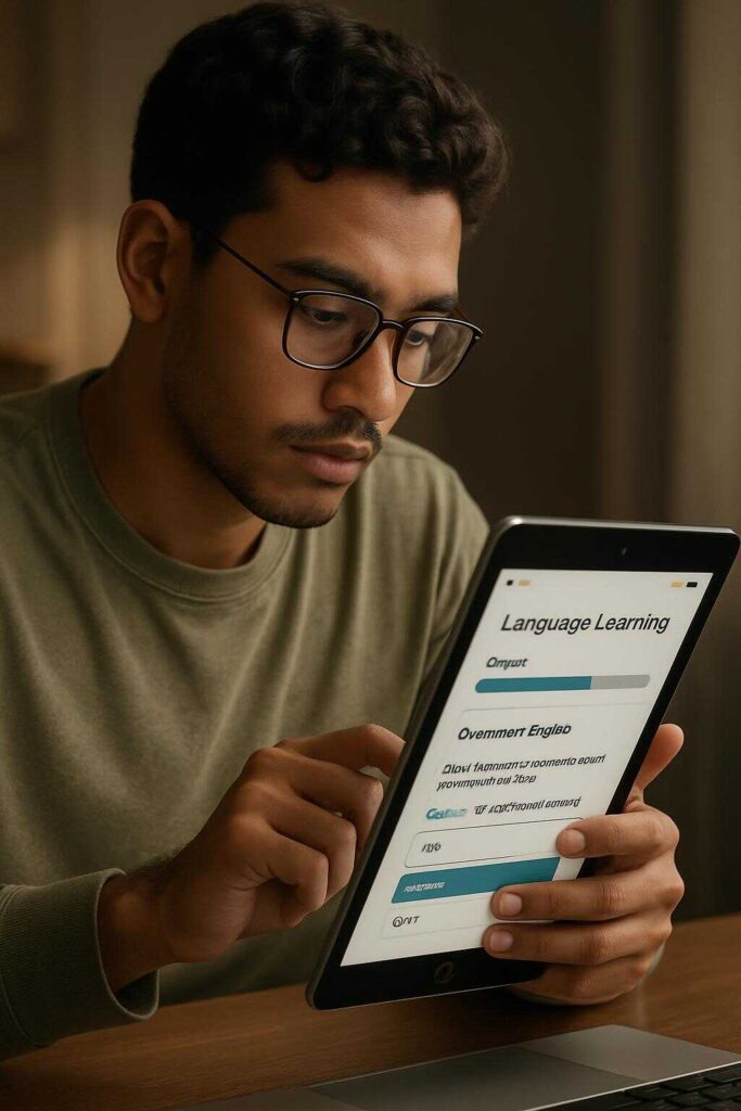 Siswa belajar bahasa Inggris dengan antarmuka AI yang dipersonalisasi di tablet