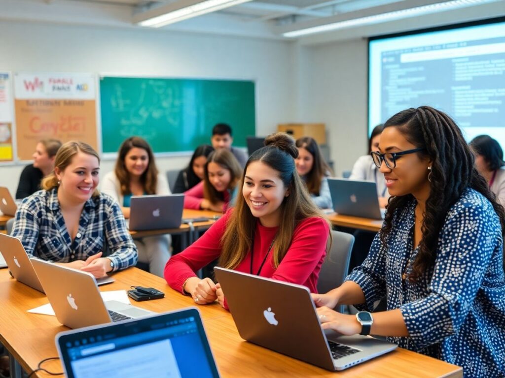Gambar guru belajar coding dan AI di kelas.
