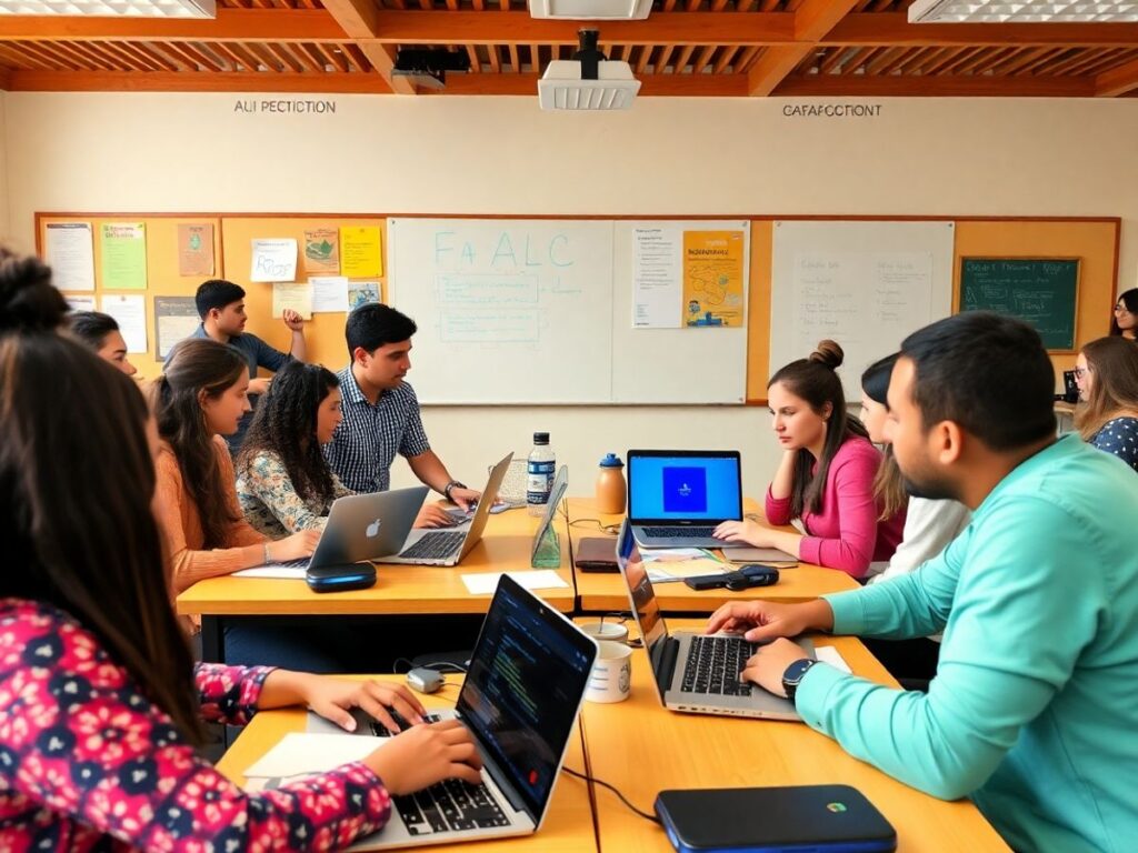 Gambar guru mengajar coding dan AI di kelas.