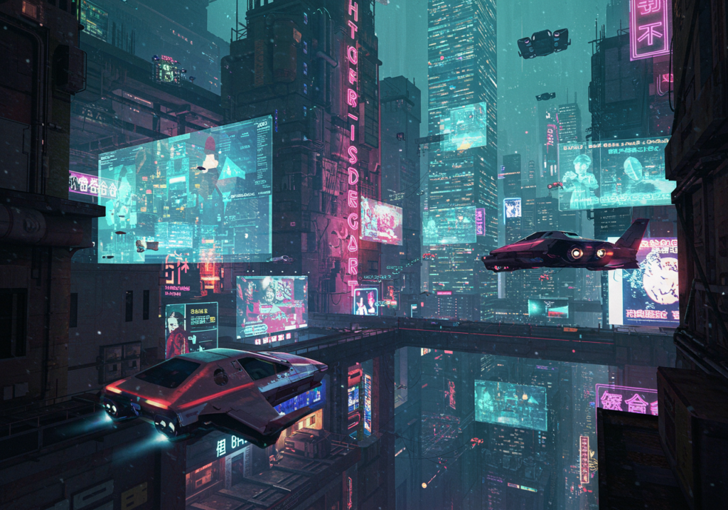 Gambar pemandangan kota futuristik yang ramai dengan mobil terbang.