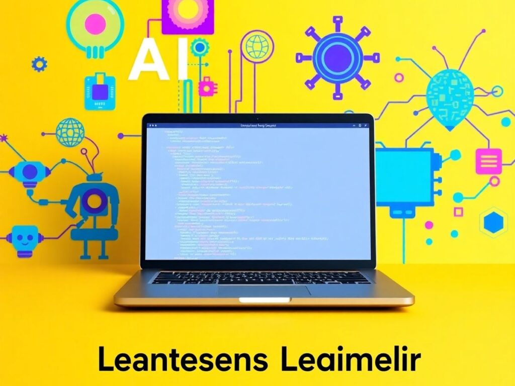 Gambar laptop dengan kode dan elemen AI berwarna-warni.