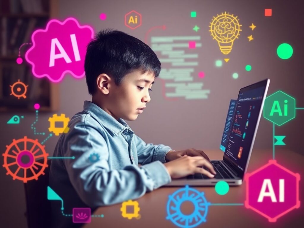 Gambar seseorang belajar coding dengan laptop dan grafik AI.