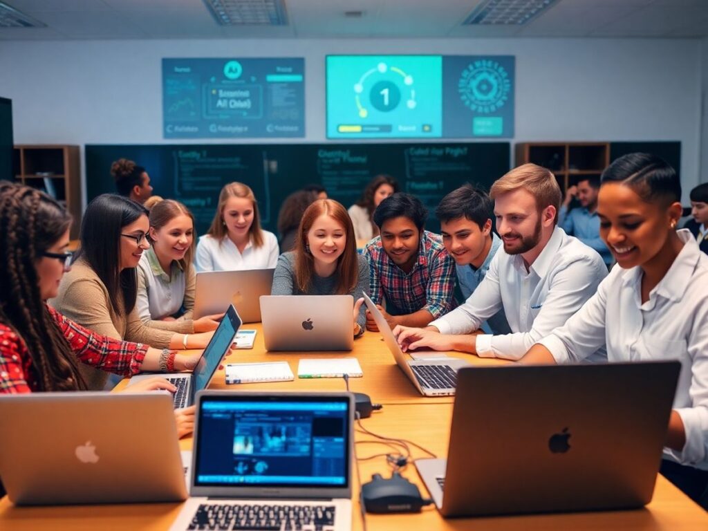 Guru berdiskusi tentang coding dan AI di kelas.