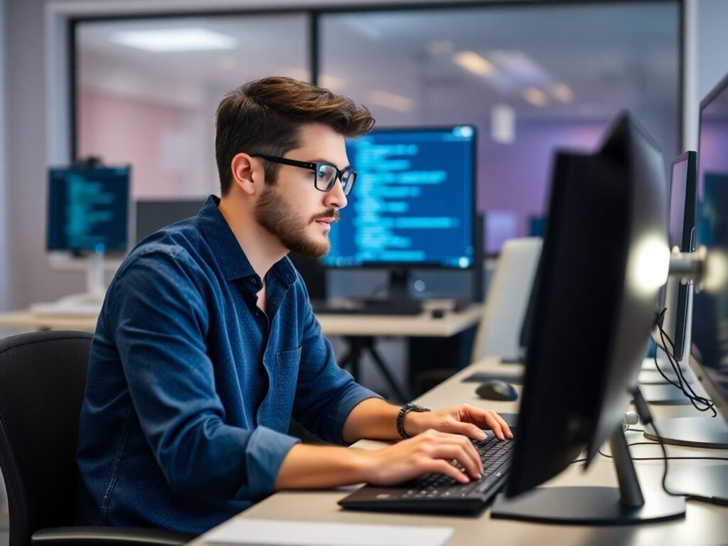 Prompt Engineer bekerja dengan komputer di ruang modern