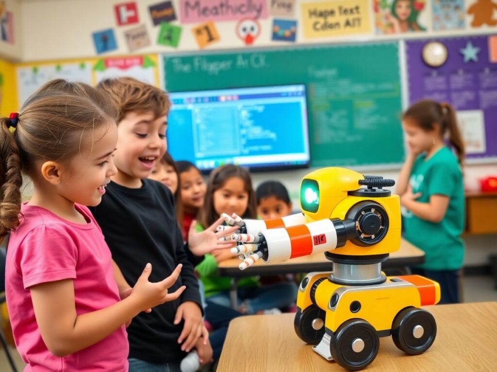 Siswa berinteraksi dengan robot pembelajaran coding dan AI.