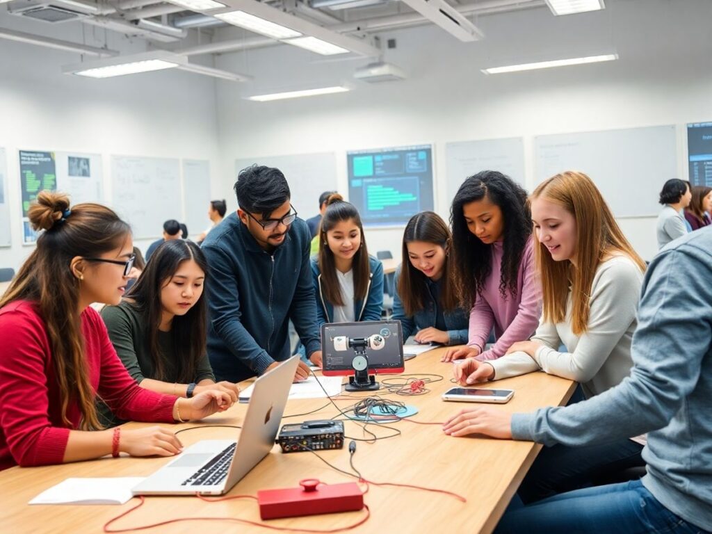 Siswa berkolaborasi di lab coding dengan alat AI.