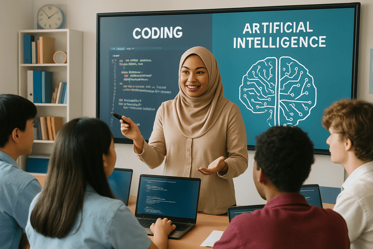Guru sedang Mengajar Koding dan KA dalam Kelas