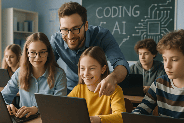 Guru membimbing siswa dalam kelas koding