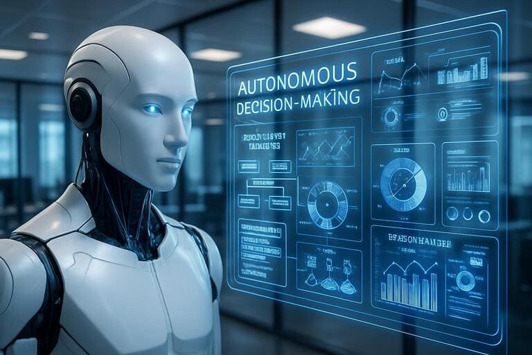 Agentic AI dengan interface holografik menunjukkan proses pengambilan keputusan otonom