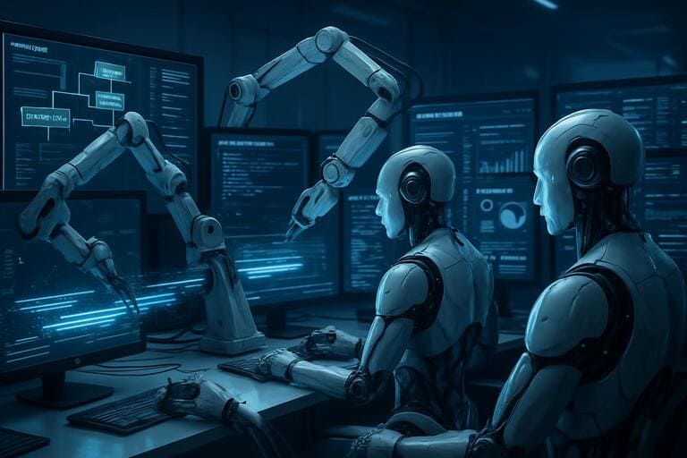 Visualisasi AI agent bekerja secara otonom dalam workspace digital dengan multiple screens dan automated processes