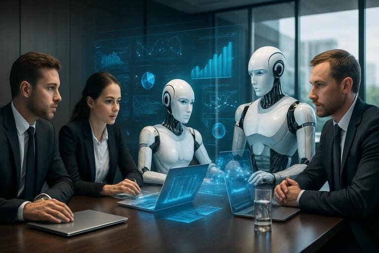 Scene profesional bisnis berkolaborasi dengan AI agents di boardroom modern dengan holographic charts