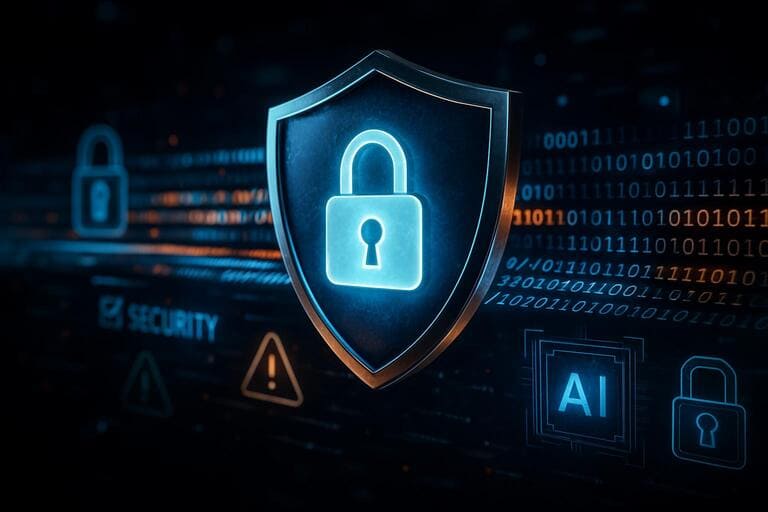 Visualisasi tantangan keamanan AI dengan digital shield melindungi data streams dan cybersecurity elements