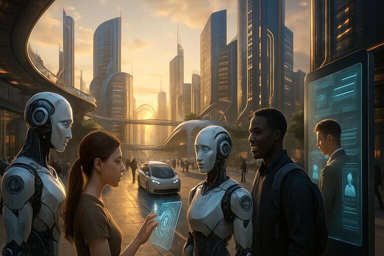 Futuristic cityscape dengan AI agents terintegrasi dalam kehidupan sehari-hari, smart buildings, dan autonomous vehicles