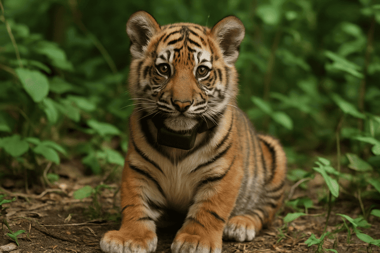 Anak harimau Sumatera dengan kalung pelacak AI