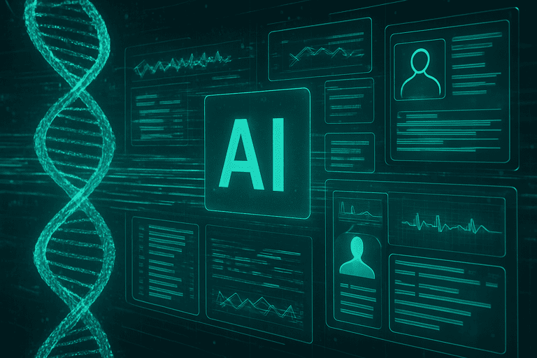 Ilustrasi: AI memproses data genomik untuk identifikasi risiko penyakit.