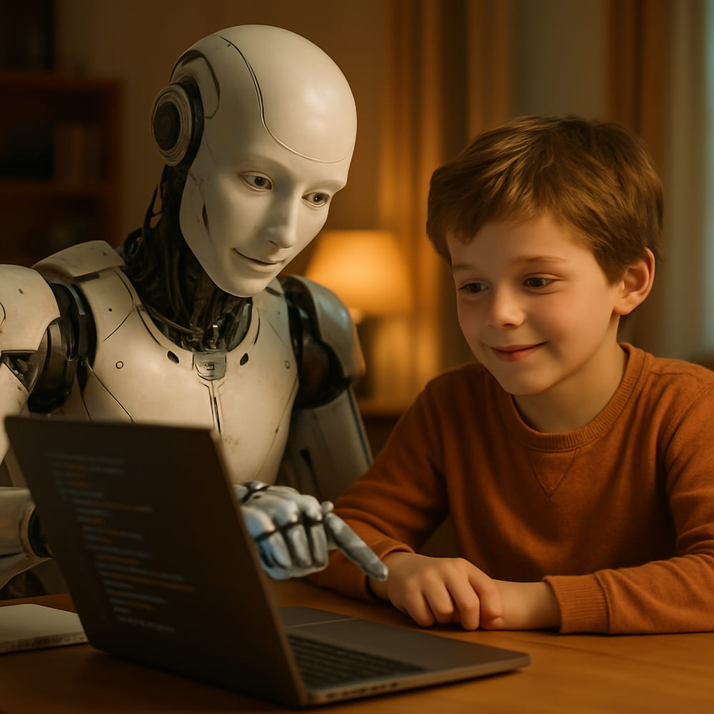 Humanoid robot teaching a child to code