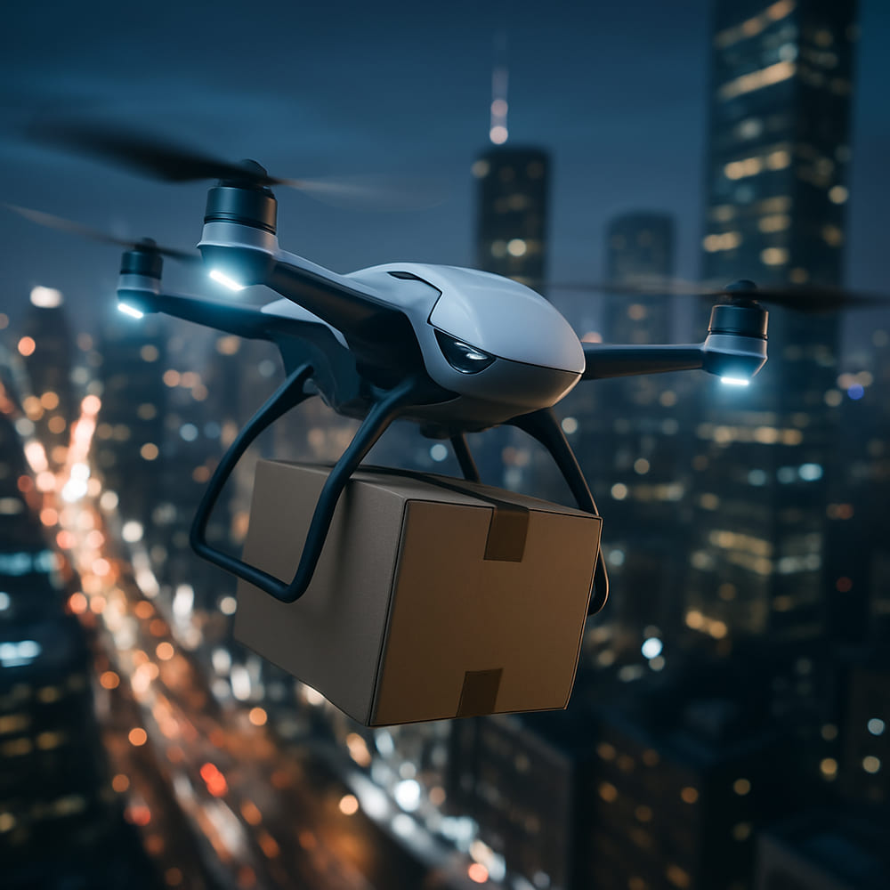 Drone delivering a package in a futuristic city