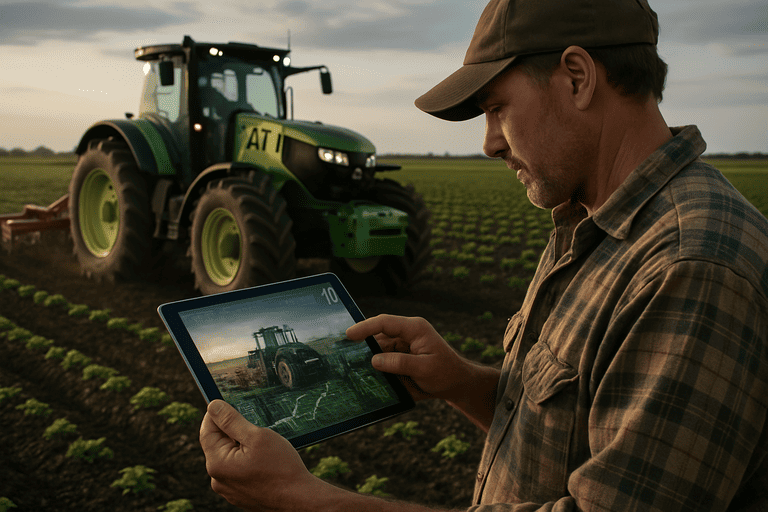 Petani Menggunakan Tablet untuk Kontrol Mesin AI