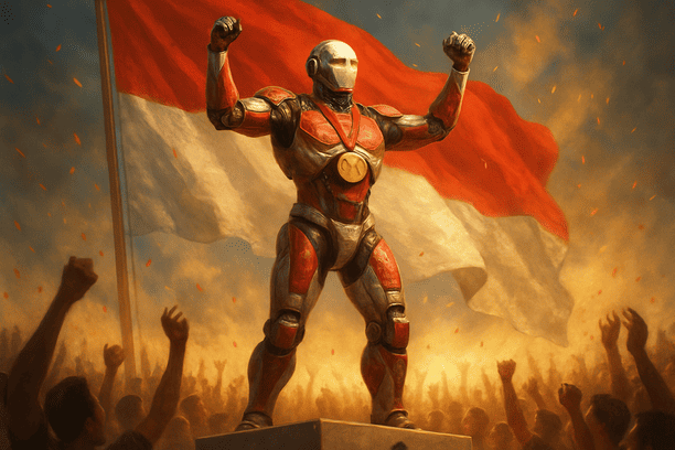 Ilustrasi robot Indonesia yang berjaya di podium dengan medali emas, dikelilingi oleh kerumunan yang bersorak dan latar belakang bendera Indonesia.