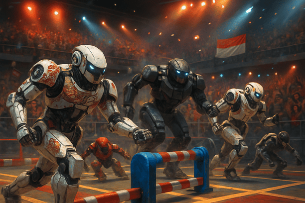 Ilustrasi kompetisi robot yang intens di arena besar di Indonesia, menampilkan berbagai robot canggih yang terlibat dalam tugas dinamis.