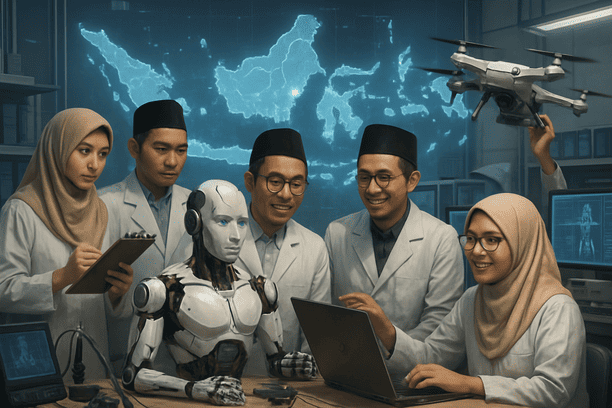 Ilustrasi integrasi mulus antara pelatihan AI dan kompetisi robot, menunjukkan siswa Indonesia berinteraksi dengan robot dan antarmuka AI.