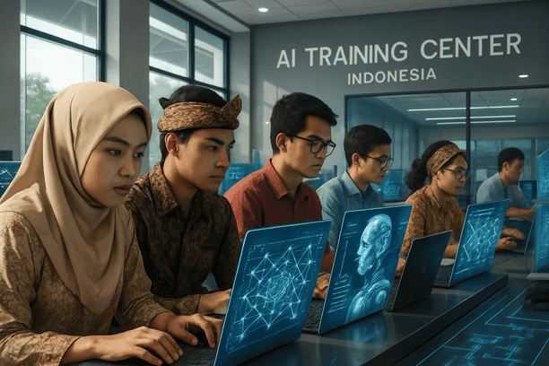 Ilustrasi pusat pelatihan AI modern di Indonesia dengan siswa yang fokus pada algoritma AI dan skema robot.