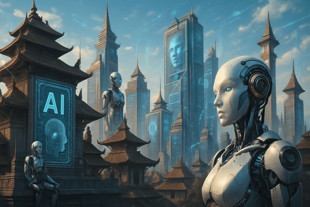 Ilustrasi kota futuristik Indonesia dengan robot dan antarmuka AI, menunjukkan perpaduan arsitektur tradisional dan teknologi canggih.