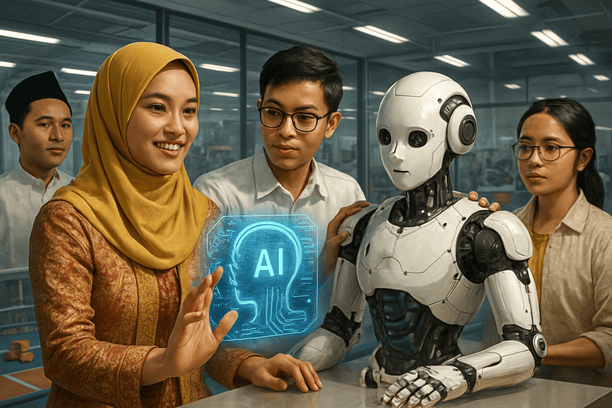Ilustrasi ilmuwan dan insinyur Indonesia berkolaborasi di lab robotika, dengan peta holografik Indonesia di latar belakang.