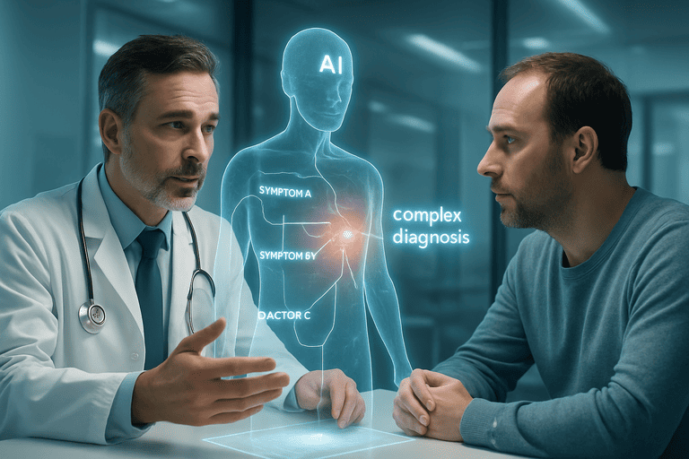 Dokter dan pasien melihat model AI transparan untuk diagnosa medis.