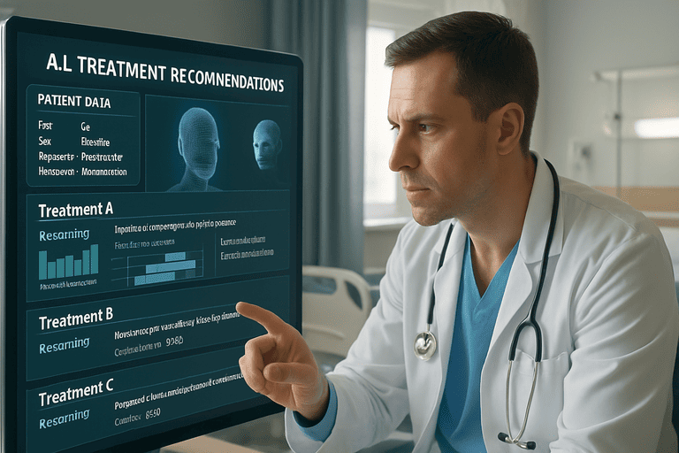 Sistem AI memberikan rekomendasi perawatan yang dipersonalisasi kepada profesional medis.