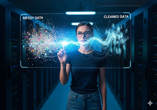 01. Seorang ilmuwan data di ruang server, dikelilingi oleh rak data yang menyala, sedang melihat tampilan holografik
