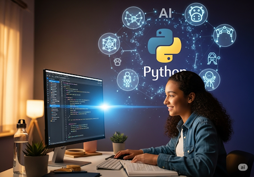 01. Seorang siswa SMA tersenyum sambil melihat layar komputer yang menampilkan kode Python