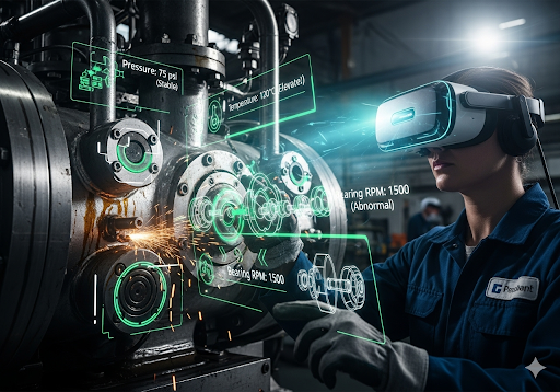 01. Seorang teknisi pabrik memakai headset VR, melapisi data diagnostik digital ke mesin industri yang kompleks