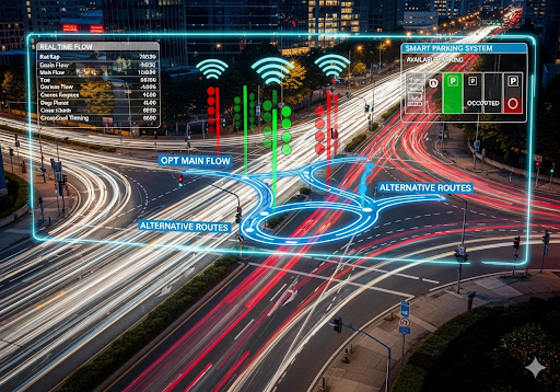 02. AI menganalisis data lalu lintas real-time untuk mengoptimalkan sinyal lampu lalu lintas, memberikan rute alternatif, dan mengelola sistem parkir cerdas