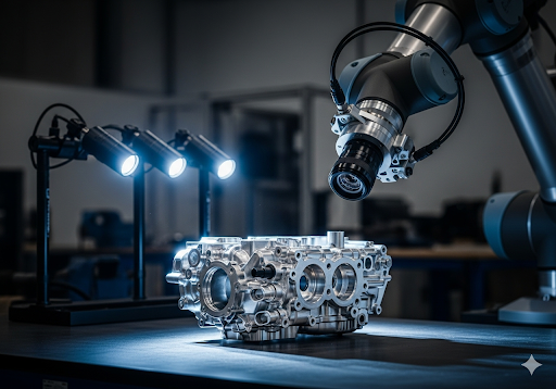 03. Lengan robot yang dilengkapi dengan kamera resolusi tinggi melakukan pemeriksaan kualitas terperinci pada suku cadang mobil