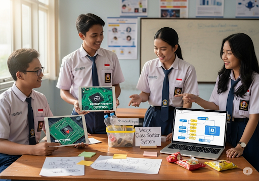 03. Sekelompok siswa sekolah menengah kejuruan (SMK) berdiskusi di sekitar meja, memamerkan berbagai proyek AI tanpa kode yang telah mereka buat