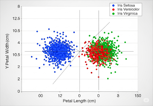 03. Visualisasi data bunga Iris dengan titik-titik berwarna yang mewakili berbagai jenis bunga, dan garis-garis yang menunjukkan batas klasifikasi
