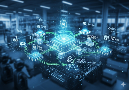 04. Blockchain dapat menyediakan catatan transaksi yang aman dan transparan, yang dapat digunakan oleh AI untuk memverifikasi keaslian produk