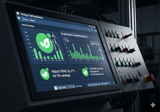04. Panel kontrol di pabrik yang menampilkan data konsumsi energi waktu nyata, dengan rekomendasi yang dihasilkan AI untuk pengoptimalan