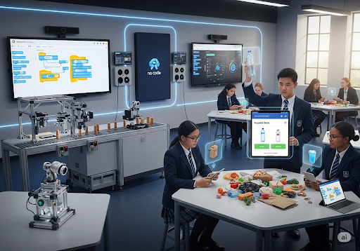 05. Berbagai aplikasi AI tanpa kode di lingkungan sekolah menengah kejuruan (SMK), seperti robot yang mendeteksi cacat produk di pabrik mini