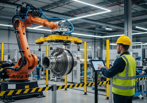 05. Seorang pekerja dengan topi keras dan rompi keselamatan berinteraksi dengan aman dengan robot industri besar