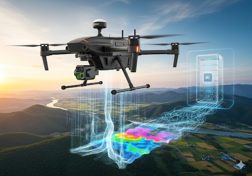 Gambar 1. Drone modern dengan sensor canggih terbang di atas lanskap, mengumpulkan data geospasial