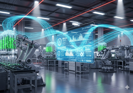 Gambar 1. Interior pabrik pintar futuristik dengan lengan robot yang bekerja secara otonom di jalur perakitan