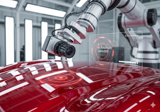 Gambar 1. Lengan robotik dengan kamera resolusi tinggi sedang memeriksa permukaan cat mobil mewah di pabrik otomotif