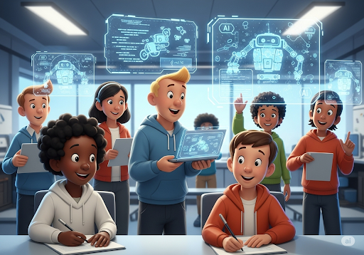 Gambar 1. Sekelompok siswa sekolah menengah yang beragam dengan antusias mempelajari konsep pengkodean dan AI di ruang kelas futuristik